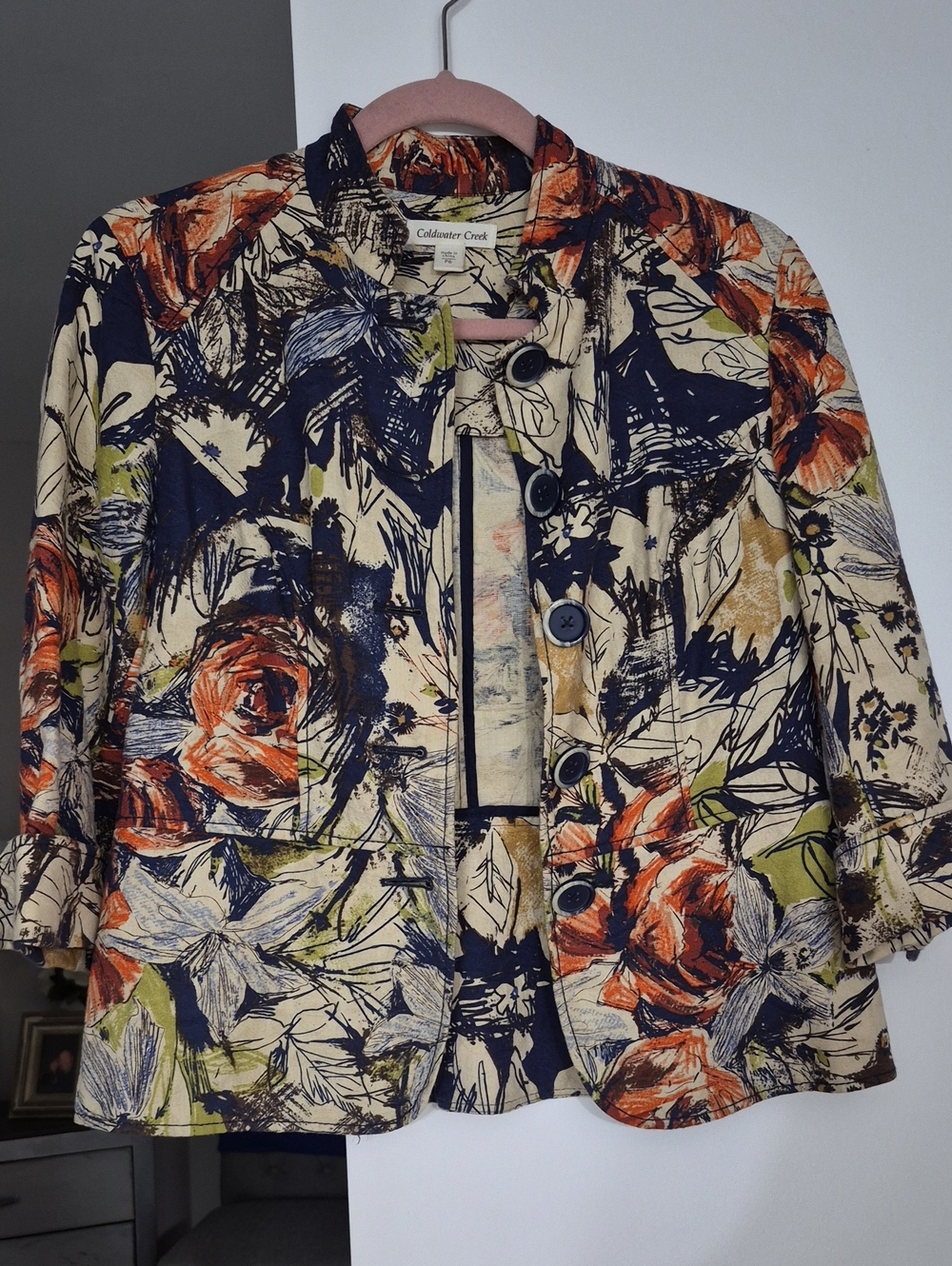 Coldwater Creek Floral Button-Front Jacket in Cream, Navy, Orange